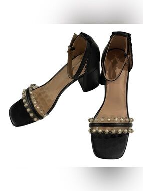 Comfort Sandals Black Faux Leather Pearl Embellished Block Heel Women’s 9W
